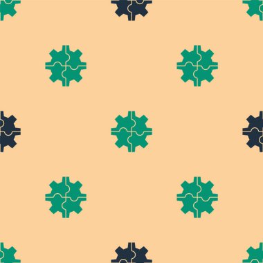 Yeşil ve siyah Gear simgesi, bej arkaplandaki kusursuz deseni izole etti. Çarklı teçhizat ayarları. İşçi sembolü. Vektör İllüstrasyonu.