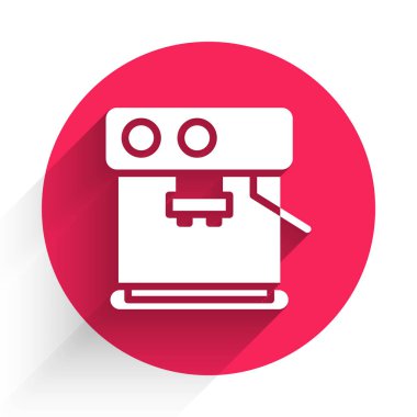 Beyaz kahve makinesi ikonu uzun gölgeli izole edilmiş. Kırmızı daire düğmesi. Vektör İllüstrasyonu.