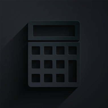 Kağıt kesiği Hesap Makinesi simgesi siyah arkaplanda izole edildi. Muhasebe sembolü. İş hesaplamaları matematik eğitimi ve finans. Kağıt sanatı tarzı. Vektör İllüstrasyonu.