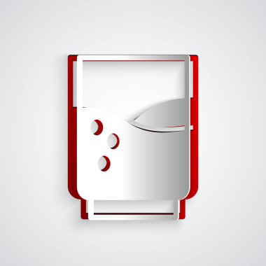 Kağıt kesiği, gri zemin üzerinde su ikonu olan cam. Soda bardağı. Kağıt sanatı tarzı. Vektör İllüstrasyonu.