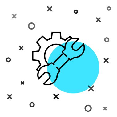 Siyah çizgi anahtarı ve vites simgesi beyaz arkaplanda izole edildi. Ayarlama, servis, ayar, bakım, onarım, onarım. Rastgele dinamik şekiller. Vektör İllüstrasyonu.