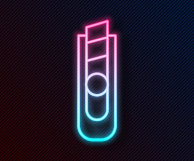 Parlayan neon çizgisi kırtasiye bıçağı simgesi siyah arkaplanda izole edildi. Ofis kâğıt kesicisi. Vektör İllüstrasyonu.