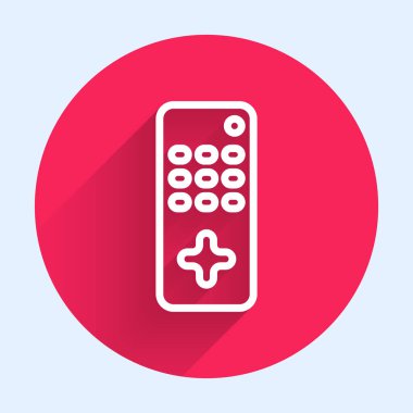 Beyaz çizgi uzaktan kumanda simgesi uzun gölgeyle izole edildi. Kırmızı daire düğmesi. Vektör İllüstrasyonu.