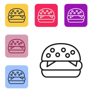 Siyah çizgi Burger simgesi beyaz arkaplanda izole edildi. Hamburger ikonu. Çizburger sandviç tabelası. Fast food menüsü. Renkli kare düğmelerle simgeleri ayarla. Vektör İllüstrasyonu.