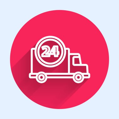 Beyaz çizgi, uzun gölgeli ve izole edilmiş bir araba ikonu ile 24 saat boyunca hızla teslim edilir. Kırmızı daire düğmesi. Vektör İllüstrasyonu.