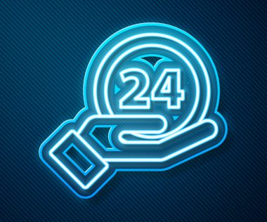 Parlayan neon hattı Clock 24 saat simgesi mavi arkaplanda izole edildi. Tüm gün döngü simgesi. 24 saat hizmet sembolü. Vektör İllüstrasyonu.