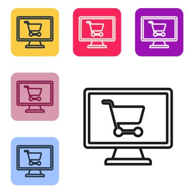 Ekran bilgisayarındaki siyah çizgi alışveriş arabası beyaz arkaplanda izole edilmiş. Konsept e-ticaret, e-ticaret, online iş pazarlama. Renkli kare düğmelerle simgeleri ayarla. Vektör İllüstrasyonu.