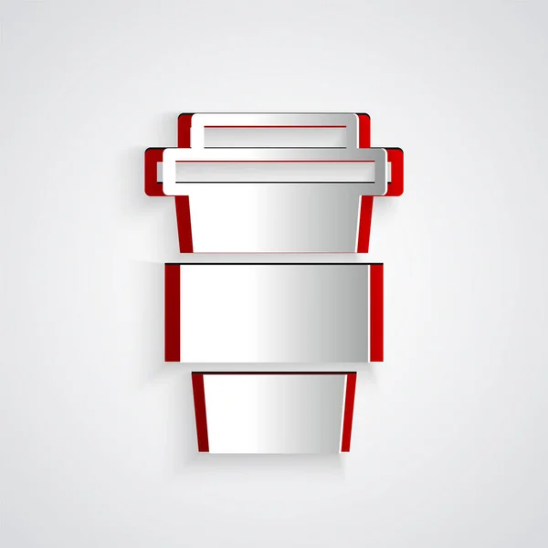 紙カットグレーの背景にアイコンを移動するコーヒーカップ 紙のアートスタイル ベクターイラスト — ストックベクタ