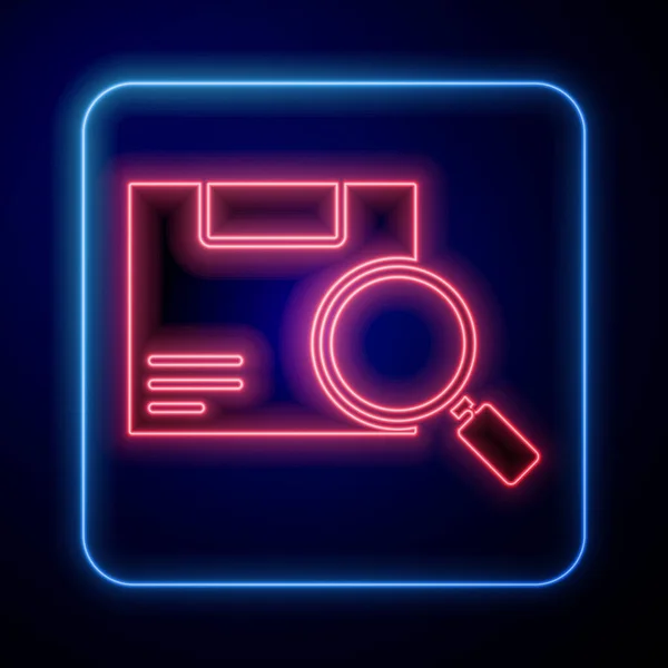Leuchtende Neon Suche Paket Symbol Isoliert Auf Blauem Hintergrund Paketverfolgung — Stockvektor