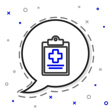 Beyaz arka planda izole edilmiş klinik kayıt simgesine sahip Line Medikal panosu. Sağlık sigortası formu. Reçete, tıbbi kontrol işaretleri raporu. Renkli taslak konsepti. Vektör İllüstrasyonu.