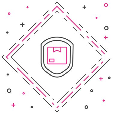 Beyaz arka planda kalkan simgesi olan hat teslimat paketi güvenliği. Teslimat sigortası. Kalkanın ötesinde sigorta kutuları var. Renkli taslak konsepti. Vektör İllüstrasyonu.