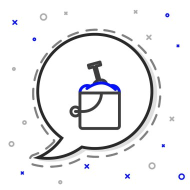 Beyaz arka planda izole edilmiş kürek simgesiyle kovadaki kum. Plastik çocuk oyuncağı. Yaz ikonu. Renkli taslak konsepti. Vektör İllüstrasyonu.