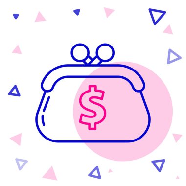 Dolar sembollü çizgi cüzdan beyaz arka planda izole edilmiş. Çanta ikonu. Nakit tasarruf sembolü. Renkli taslak konsepti. Vektör İllüstrasyonu.