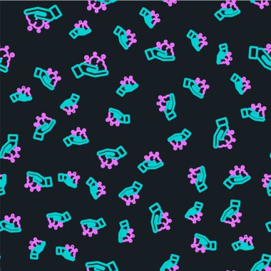 Sabun ikonuyla ellerini yıkamak siyah arka planda izole edilmiş, pürüzsüz desen. Virüs ve bakterileri önlemek için ellerini sabunla yıkıyorsun. Vektör İllüstrasyonu.