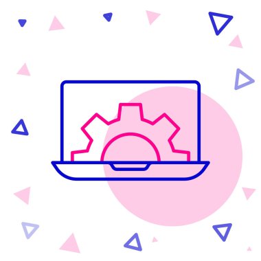 Dizüstü bilgisayar ve dişli simgesi beyaz arkaplanda izole edildi. Uygulama ayarlanıyor, seçenekler ayarlanıyor, bakım, onarım, onarım. Renkli taslak konsepti. Vektör İllüstrasyonu.