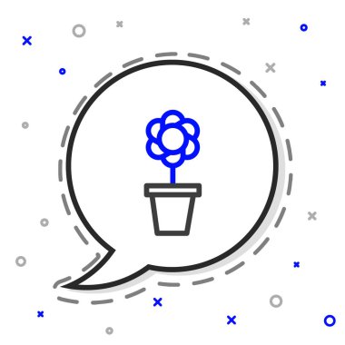 Beyaz arkaplanda tencere simgesinde çizgi çiçeği izole edildi. Tencerede yetişen bir bitki. Saksı bitkisi işareti. Renkli taslak konsepti. Vektör İllüstrasyonu.