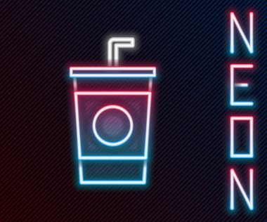 Siyah zemin üzerinde saman ve su ikonu olan parlak neon şeritli kağıt bardak. Soda bardağı. Taze soğuk içecek sembolü. Renkli taslak konsepti. Vektör İllüstrasyonu.