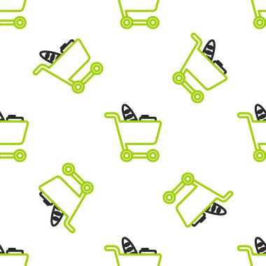 Hat alışveriş arabası ve yemek ikonu beyaz arka planda izole edilmiş pürüzsüz desen. Yiyecek dükkanı, süpermarket. Vektör İllüstrasyonu.