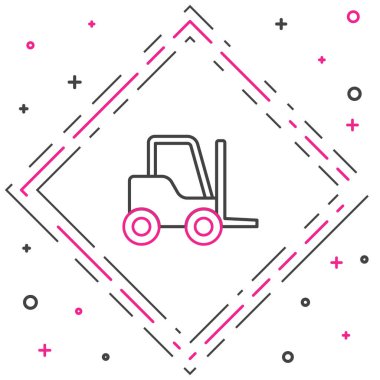 Forklift kamyon simgesi beyaz arkaplanda izole edildi. Çatal doldurucu ve karton kutu. Kargo teslimatı, nakliye, ulaşım. Renkli taslak konsepti. Vektör İllüstrasyonu.