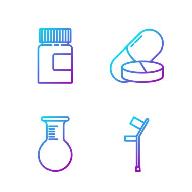 Koltuk değneği ya da koltuk değneği, test tüpü ve matara, ilaç şişesi ve ilaç hapı ya da tablet ayarla. Renk simgeleri. Vektör.