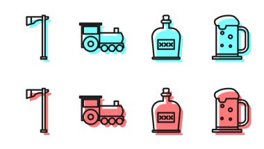 Alkol, rom şişesi, Tomahawk baltası, Retro treni ve tahta bira kupası ikonu. Vektör.