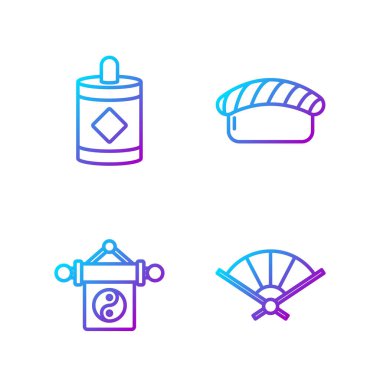 Çin usulü katlanan kağıt yelpaze, Yin Yang, Havai fişek ve suşi. Renk simgeleri. Vektör.