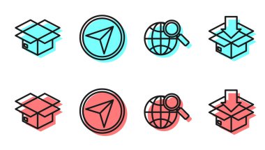 Yerküresi olan çizgi büyüteç, karton kutu, şehir haritası navigasyon bilgileri ve trafik sembollü karton kutu. Vektör.