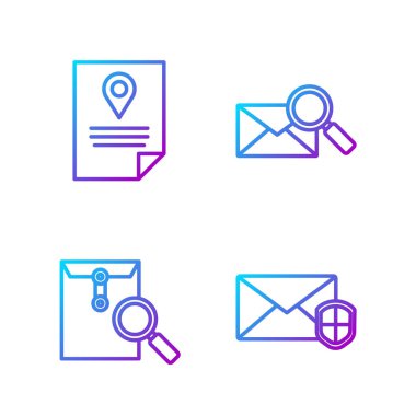 Çizgiyi kalkan ile, Zarfı büyüteçle, Belge takip işaretleme sistemi ile ve Zarfı büyüteçle ayarla. Renk simgeleri. Vektör.