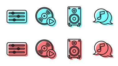 Hat Stereo hoparlörü, Ses Karıştırıcı denetleyici, Vinil disk ve Konuşma Kabarcığı simgesinde Müzik Notası ayarlayın. Vektör.