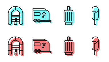 Çizgi çantası, rafting botu, karavan ve dondurma ikonu. Vektör.