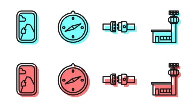 Hat emniyet kemeri, uçak penceresi, pusula ve havaalanı kontrol kulesi ikonu. Vektör.