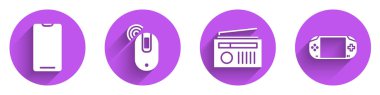 Akıllı telefon, cep telefonu, kablosuz bilgisayar faresi, antenli radyo ve uzun gölgeli taşınabilir oyun konsolu simgesini ayarla. Vektör.