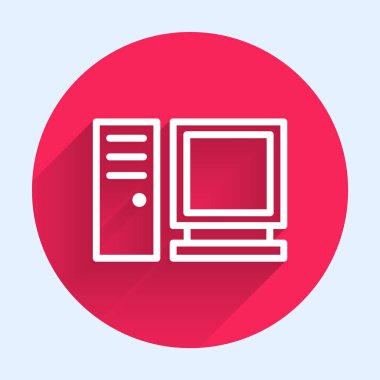 Beyaz çizgi bilgisayar monitörü simgesi uzun gölgeli izole edildi. Bilgisayar bileşeni işareti. Kırmızı daire düğmesi. Vektör İllüstrasyonu.