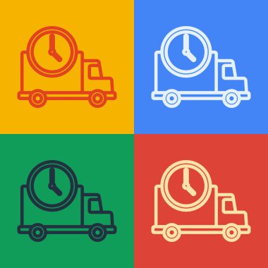Pop Art Line Lojistik dağıtım kamyonu ve saat simgesi renkli arka planda izole edildi. Teslimat zamanı ikonu. Vektör İllüstrasyonu.