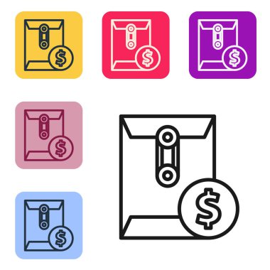 Beyaz zemin üzerinde para dolar sembolü olan siyah çizgi zarfı. Maaş zammı, maaş bordrosu, tazminat geliri. Renkli kare düğmelerle simgeleri ayarla. Vektör İllüstrasyonu.