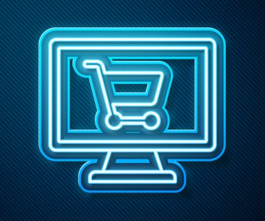 Ekran bilgisayar simgesinde parlayan neon hattı alışveriş arabası mavi arkaplanda izole edildi. Konsept e-ticaret, e-ticaret, online iş pazarlama. Vektör İllüstrasyonu.