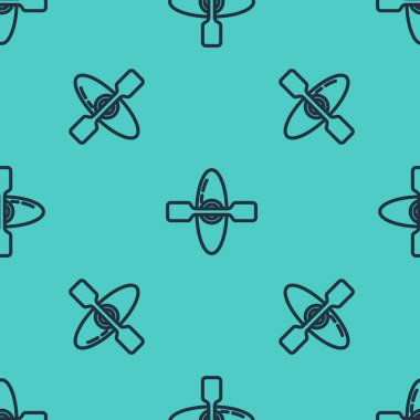 Siyah çizgi kano ve kürek ikonu yeşil arka planda izole edilmiş pürüzsüz desen. Balıkçılık ve turizm için kano. Açık hava aktiviteleri. Vektör İllüstrasyonu.