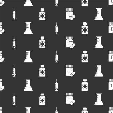 İlaç şişesini ve hapları test tüpü ve matarayı, şırıngayı ve ilaç şurubunu dikişsiz desene göre ayarla. Vektör.