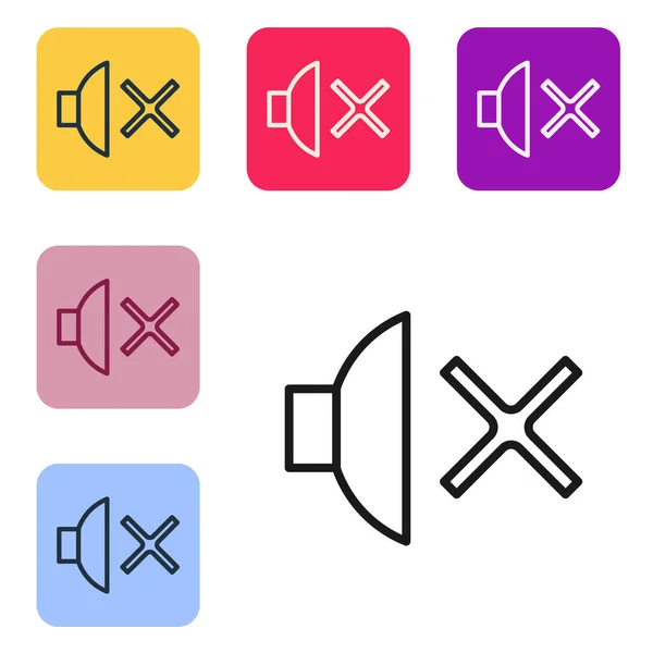 黑线扬声器沉默图标孤立在白色背景 没有声音图标 卷关闭符号 在彩色正方形按钮中设置图标 病媒图解 — 图库矢量图片