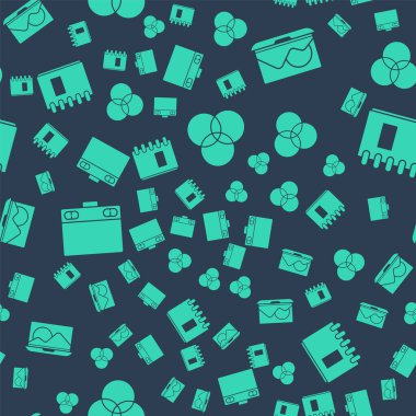 RGB ve CMYK renk karıştırma, Laptop, Grafik tableti ve Spiral dizüstü bilgisayarını pürüzsüz desen üzerine ayarla. Vektör.