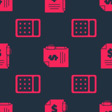 Hesap makinesini, sözleşmeyi, parayı ve kalemi pürüzsüz şablona ayarlayın. Vektör.