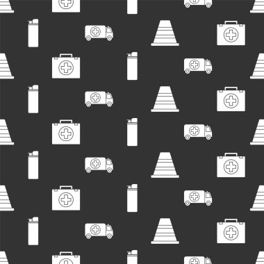 Trafik konisini, ilk yardım çantasını, çakmağı, ambulansı ve acil durum arabasını sorunsuz bir şekilde ayarlayın. Vektör.