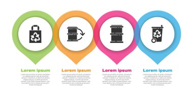 Kağıt torbayı geri dönüşümlü olarak ayarla, Eko yakıt varili, fıçı ve geri dönüşümlü geri dönüşüm kutusu. Ticari bilgi şablonu. Vektör.