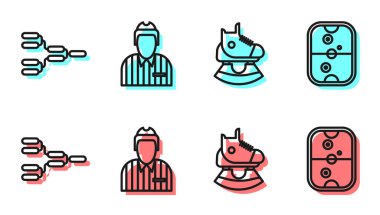 Çizgili patenler, şampiyonluk turnuvasındaki destekler, hokey hakemi, hakem, hakem, hakem ve hava hokeyi masa ikonu. Vektör.