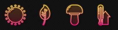 Çizgiyi Mantar, Güneş, Yaprak ya da Yaprak ve Meteoroloji termometresini ayarla. Parlayan neon ikonu. Vektör.