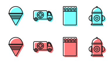 Hattı açın kibrit kutusu ve kibritler, yangın kovası, ambulans ve acil durum arabası ve yangın musluğu ikonu. Vektör.