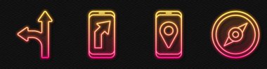 Hat şehir haritası navigasyonu, trafik işareti, şehir haritası navigasyonu ve pusula ayarlayın. Parlayan neon ikonu. Vektör.