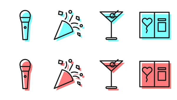 Set Line Martini Glass Micrófono Karaoke Confeti Festivo Icono Tarjeta — Vector de stock