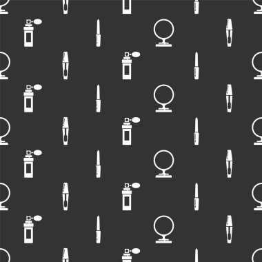 Yuvarlak makyaj aynası, Mascara fırçası, Parfüm ve Tırnak dosyasını kusursuz desen üzerine ayarla. Vektör.