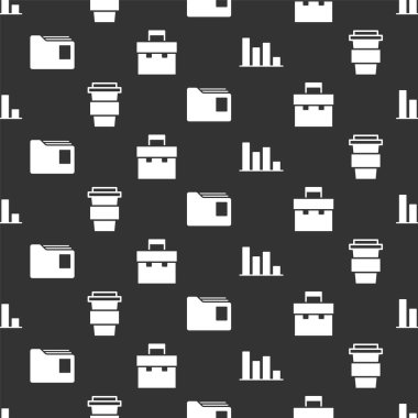 Pasta grafiği bilgisini, kahve fincanını, evrak klasörünü ve kusursuz desenli evrak çantasını ayarlayın. Vektör.